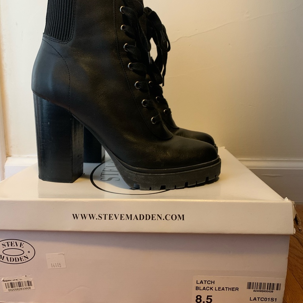 Steven Madden Latch black leather booties.